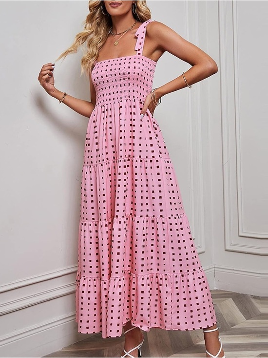 Dresses & Skirts - Pink Smocked Tie Strap Maxi Dress – Tiered Cottagecore Summer Dress